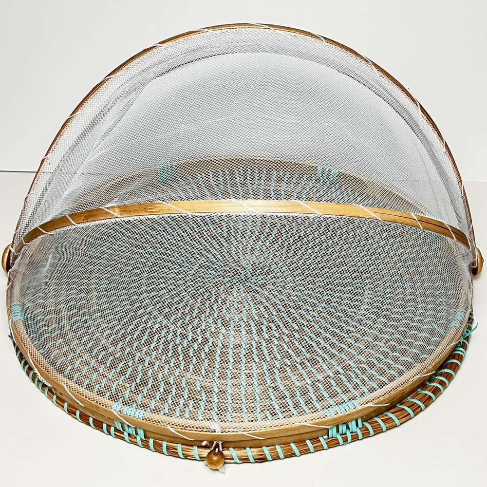 Vintage Mesh Food Cover Tent 16.5" Natural Teal Woven Bamboo Tray Pest Guard MCM